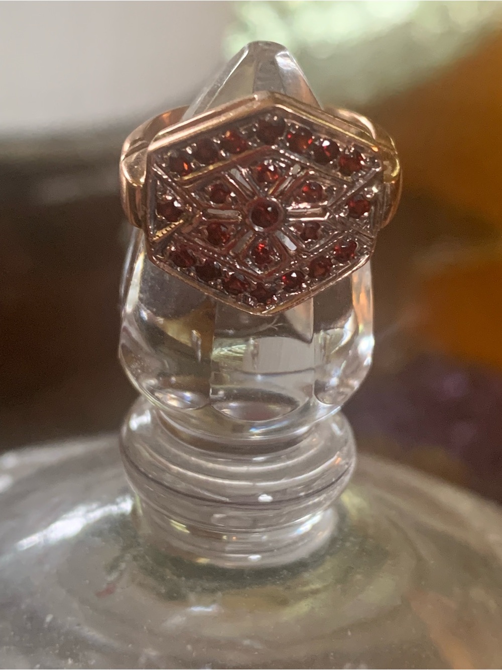 🎇 VINTAGE HEXAGONAL GEOMETRIC ROSE GLD CAB GARNETS STMT RING